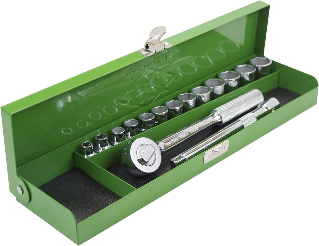 SK Tools USA 3/8' Drive, 15 Piece, 6 Point, Standard Metric Chrome Socket Set in Classic Metal Box: 7MM - 19MM | 94516