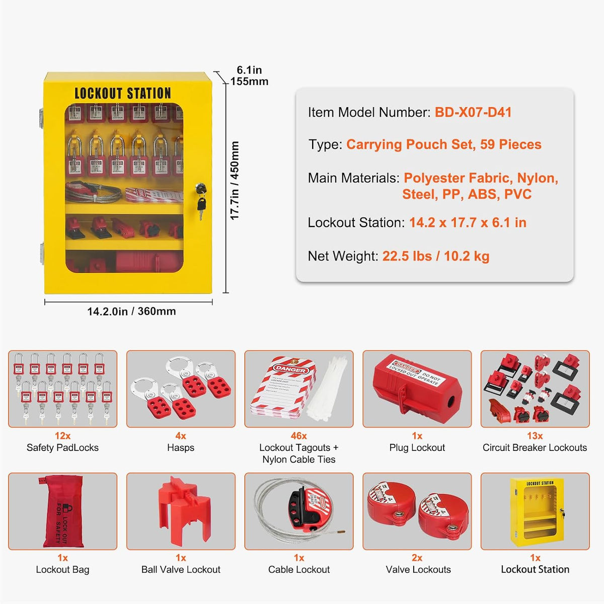 Happybuy Electrical Lockout Tagout Kit, 59 PCS Safety Lockout Tagout Station with Padlocks, Hasps, Tags, Ties, Plug Lockout, Circuit Breaker Lockouts, Valve Lockouts, Cable Lockout, Lockout Bag, Box