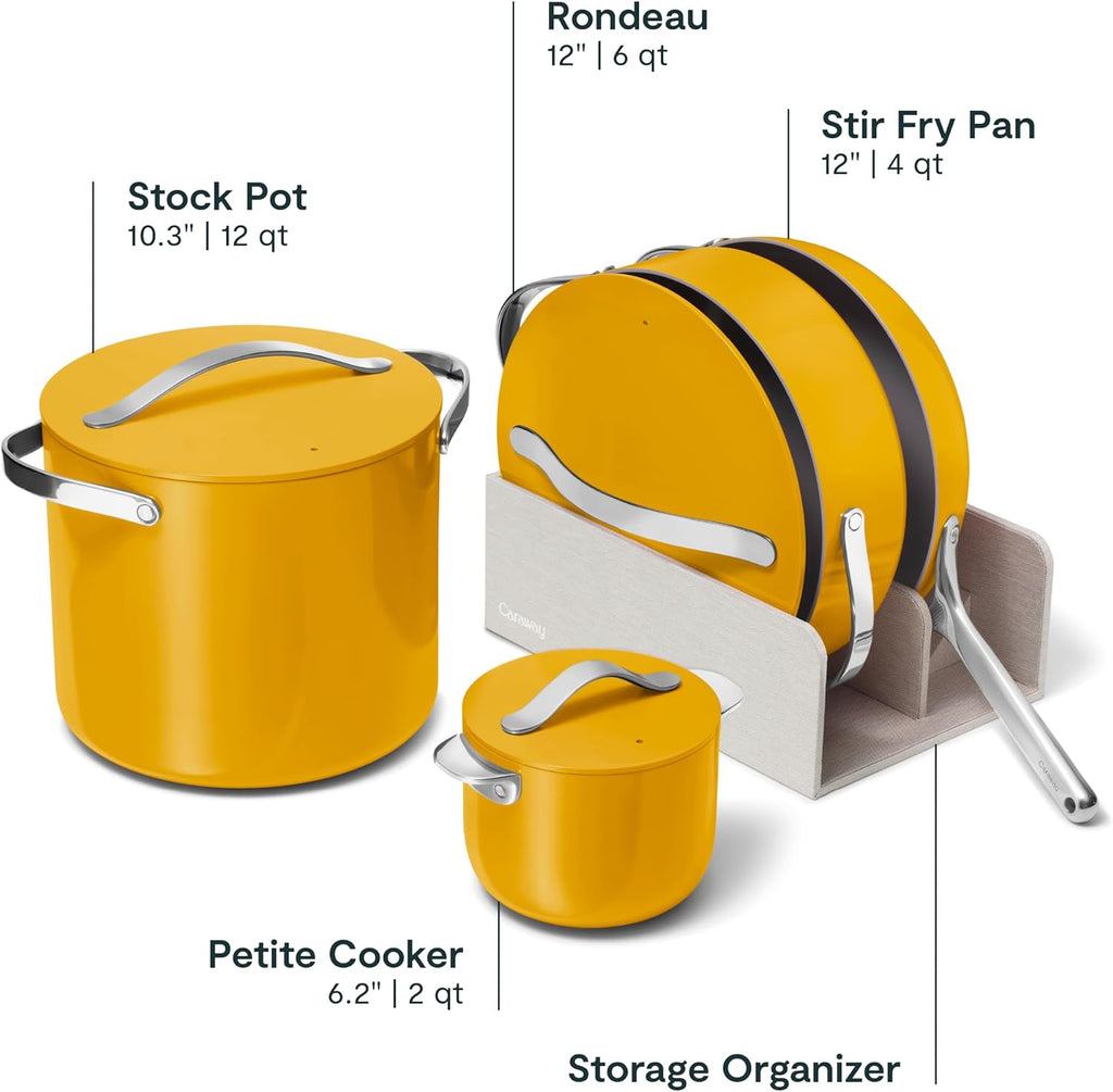 Caraway Cookware+ Collection - Specialty Cookware Set - Petite Cooker, Stir Fry Pan, Rondeau, & Stock Pot - 3 Lids & Storage Organizer Included - Marigold