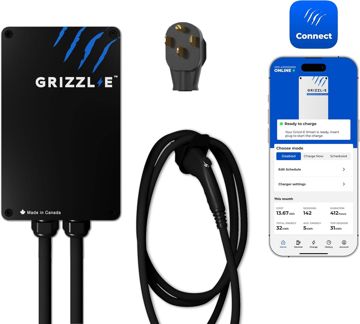 Grizzl-E Smart Level 2 240V / 40A Electric Vehicle (EV) Charger, Metal Case UL Tested and Certified, Energy Star, Indoor/Outdoor Electric Car Fast Charging Station, NEMA 14-50, Black