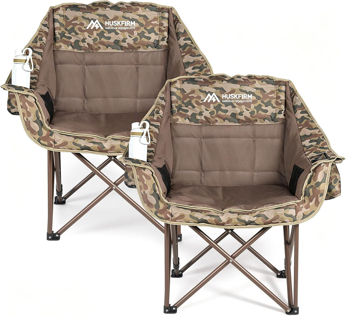 Huskfirm 2 Pack Camping Chairs Oversized Padded Camping Chair Heavy-Duty Foldable Camping Chairs with Cup Holder and Cooler Bag Portable Lawn Chair for Sports Outdoors-Support 450LBS, Camouflage