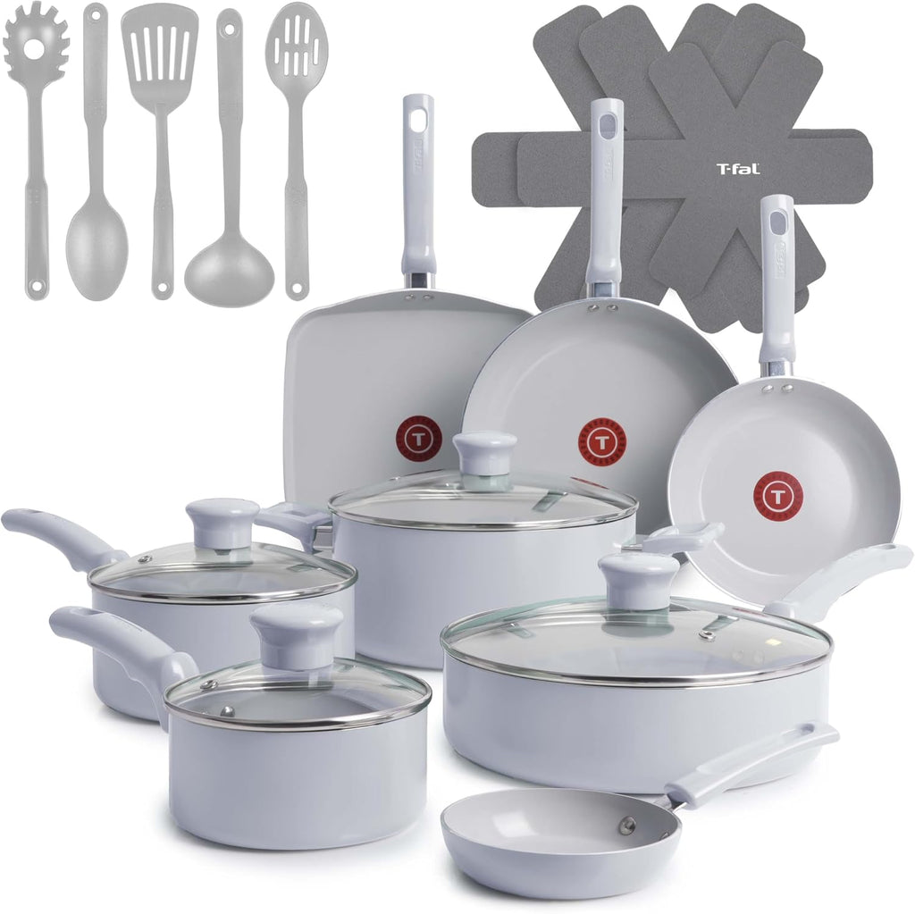 T-Fal Refresh Ceramic Nonstick Cookware Set, 20-Piece, Oven Safe to 350°F, Includes Stockpot, Griddle, Frying Pans, Utensils, Ceramic Pots and Pans Set, Blue