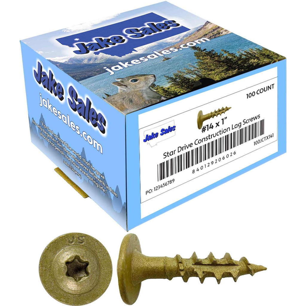 Jake Sales #14 x 1 Construction Lag Screw - Torx/Star Drive Heavy Duty Structural Lag Screw - Exterior Coated - ACQ Compatible - Modified Truss Washer Head. (10 x 100 Count CASE -1,000 Screws)