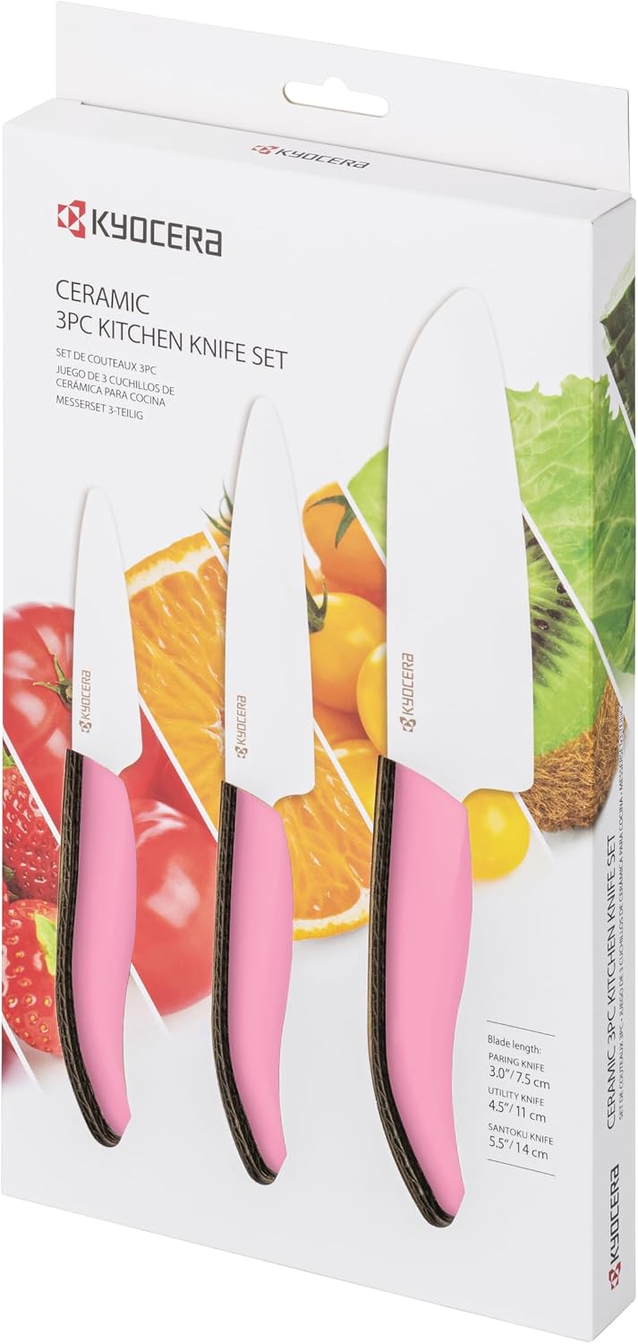 Kyocera FK-3PC-SE Advanced ceramic Revolution Series Knife Set, Blade Sizes: 5.5', 4.5', 3', Pink, 3Piece