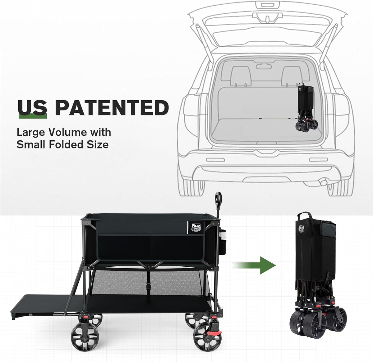 TIMBER RIDGE 400L Large Capacity Folding Double Decker Wagon with Brakes, 54' Extra Long Extender Wagon Cart, 450lbs Heavy Duty Collapsible Cart, All-Terrain Big Wheels for Camping, Sports, Shopping