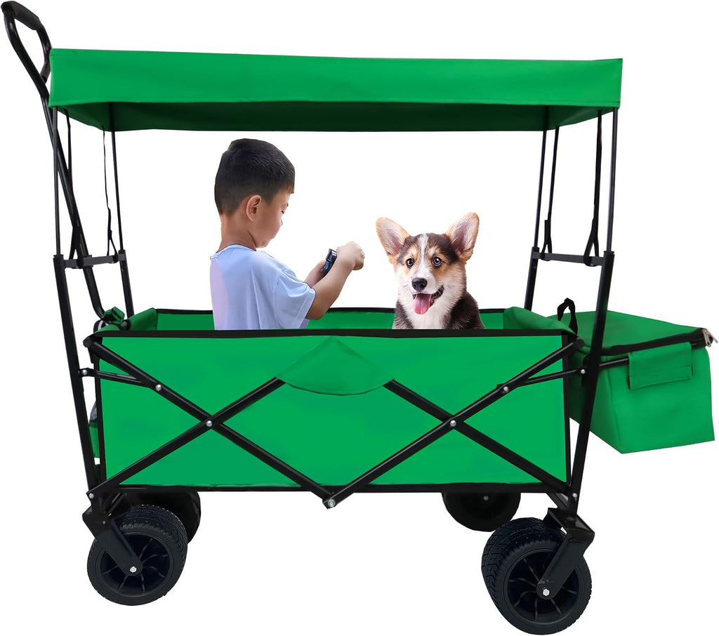 Outdoor Garden Park Wagon with Canopy and Pockets, Foldable Portable Utility Beach Trolley Cart with 7' Wheels for Camping Garden Sports (262LBS Max Weight Capacity) Grass Green As Shown