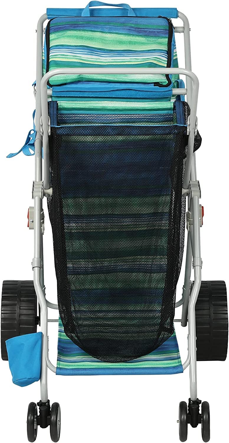Old Bahama Bay Beach Cart with Big Wheels for Sand, Folding All Terrain Wheels Beach Wagon with Cooler Bag Umbrella Holder, Big Mesh Storage Capacity for Outdoor Camping, Supports 100lbs, Blue/Green