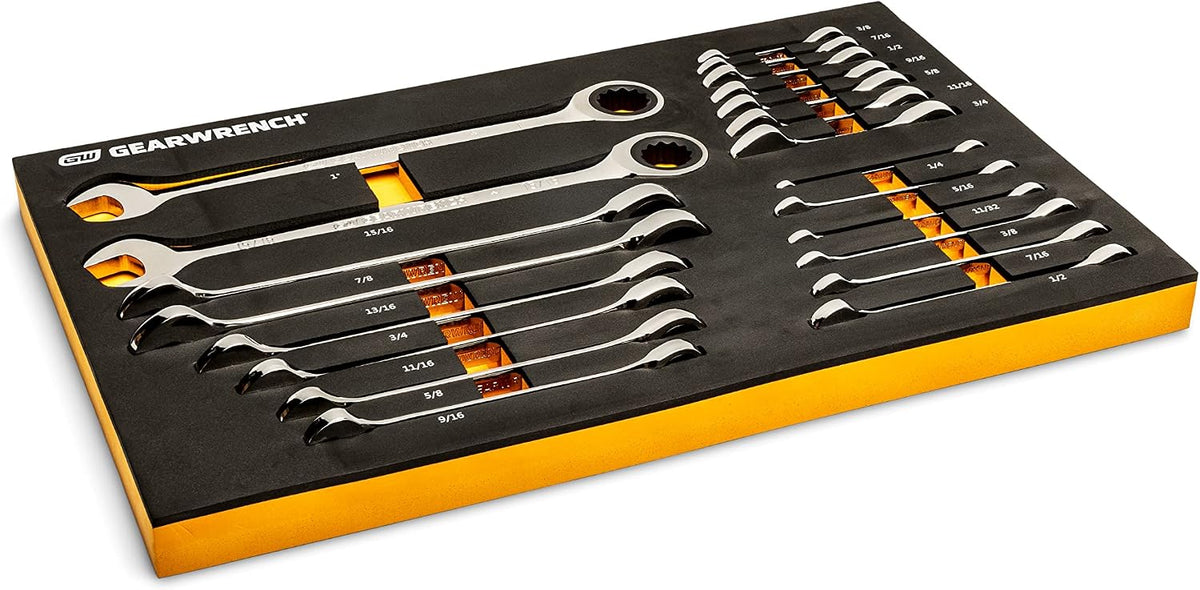 GEARWRENCH 21 Piece 72T SAE Standard & Stubby Ratcheting Wrench Set with EVA Foam Tray - 86526