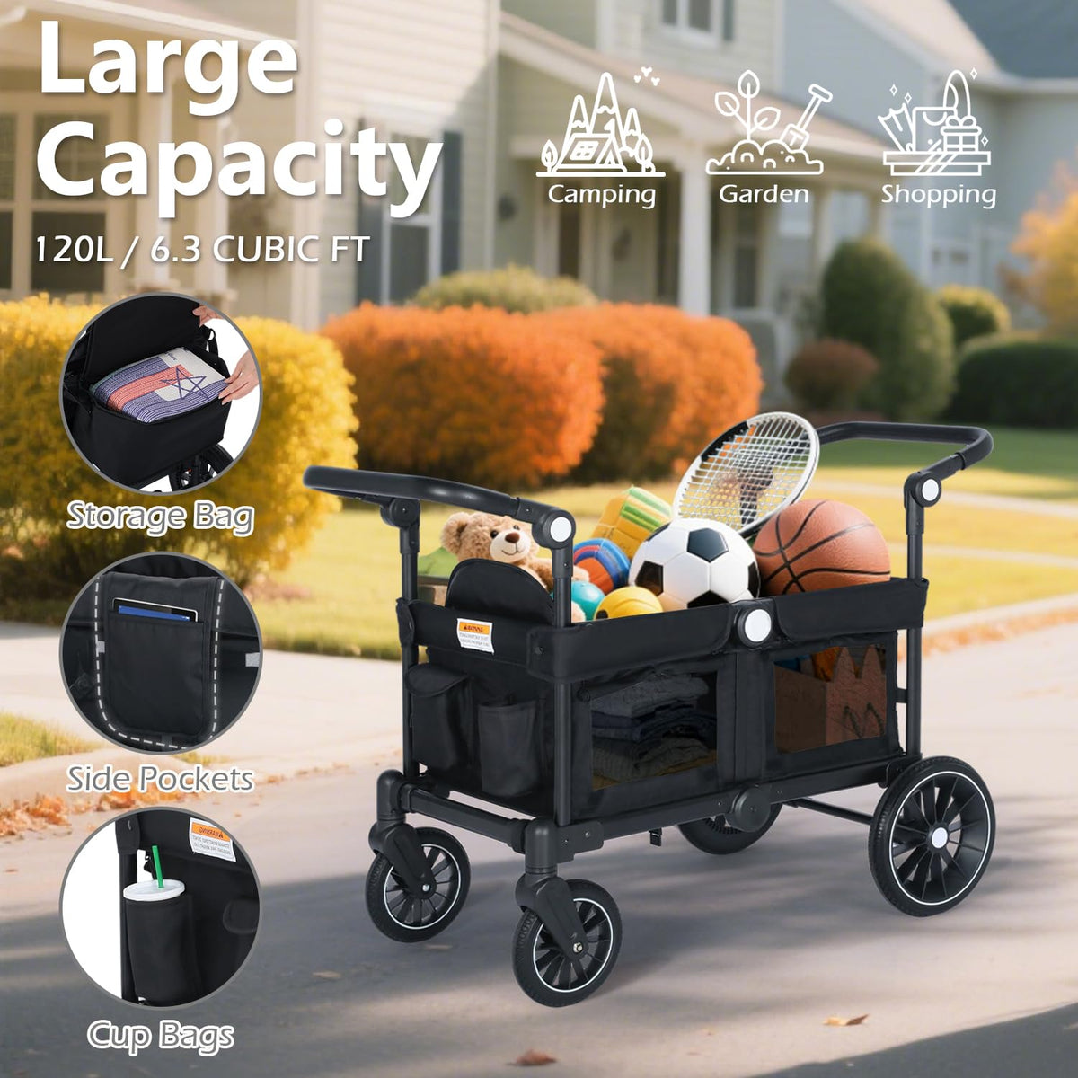 Kinder King Folding Wagon Stroller for 2 Kids, All-Terrain 2 Seater Stroller Wagon Outdoor, Removable Canopy, Adjustable Handle, Shock-Absorbing Wheel, Detachable Tray, Parent Organizer, Black