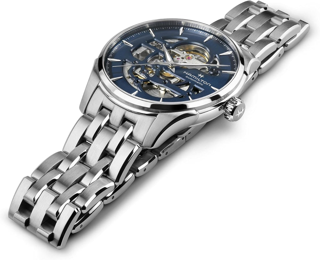 Hamilton Jazzmaster Skeleton Automatic Men's Watch, 40mm Stainless Steel Case, Swiss Made, Blue Dial Analog Wrist Watch, 50m Waterproof, Sapphire Crystal, 3-Hand Movement, Stainless Steel Strap