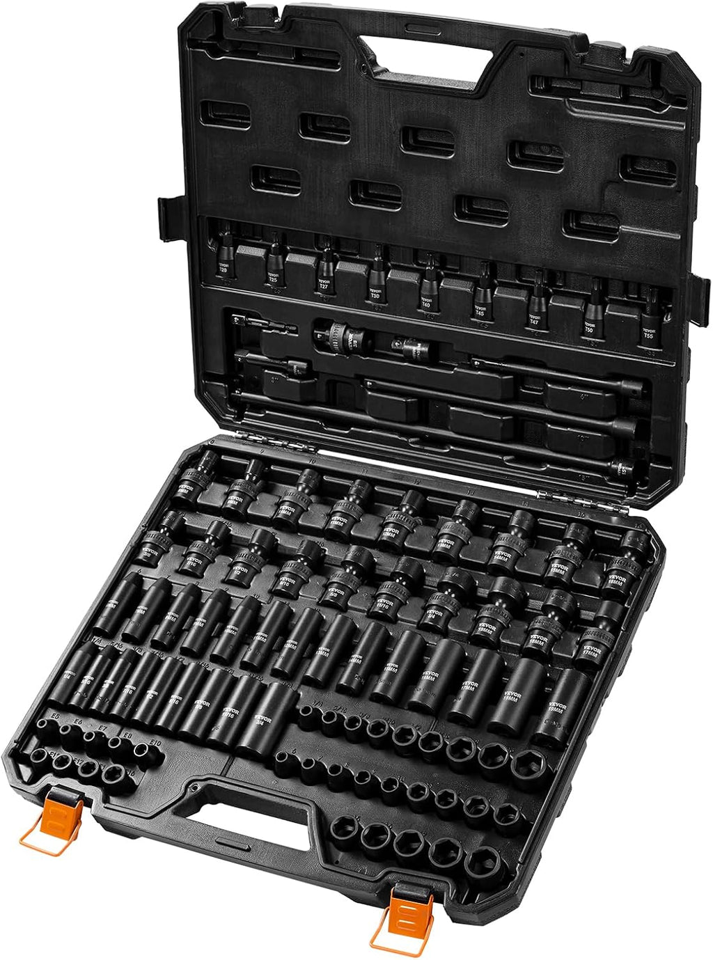 VEVOR Impact Socket Set 3/8' Drive, 90 PCS, CR-MO, SAE 1/4'-3/4' Metric 6-19mm, with Shallow & Deep Sockets, Swivel & E-Torx & Bit socket Sockets, Extension Bars, Adapters, Universal Joint