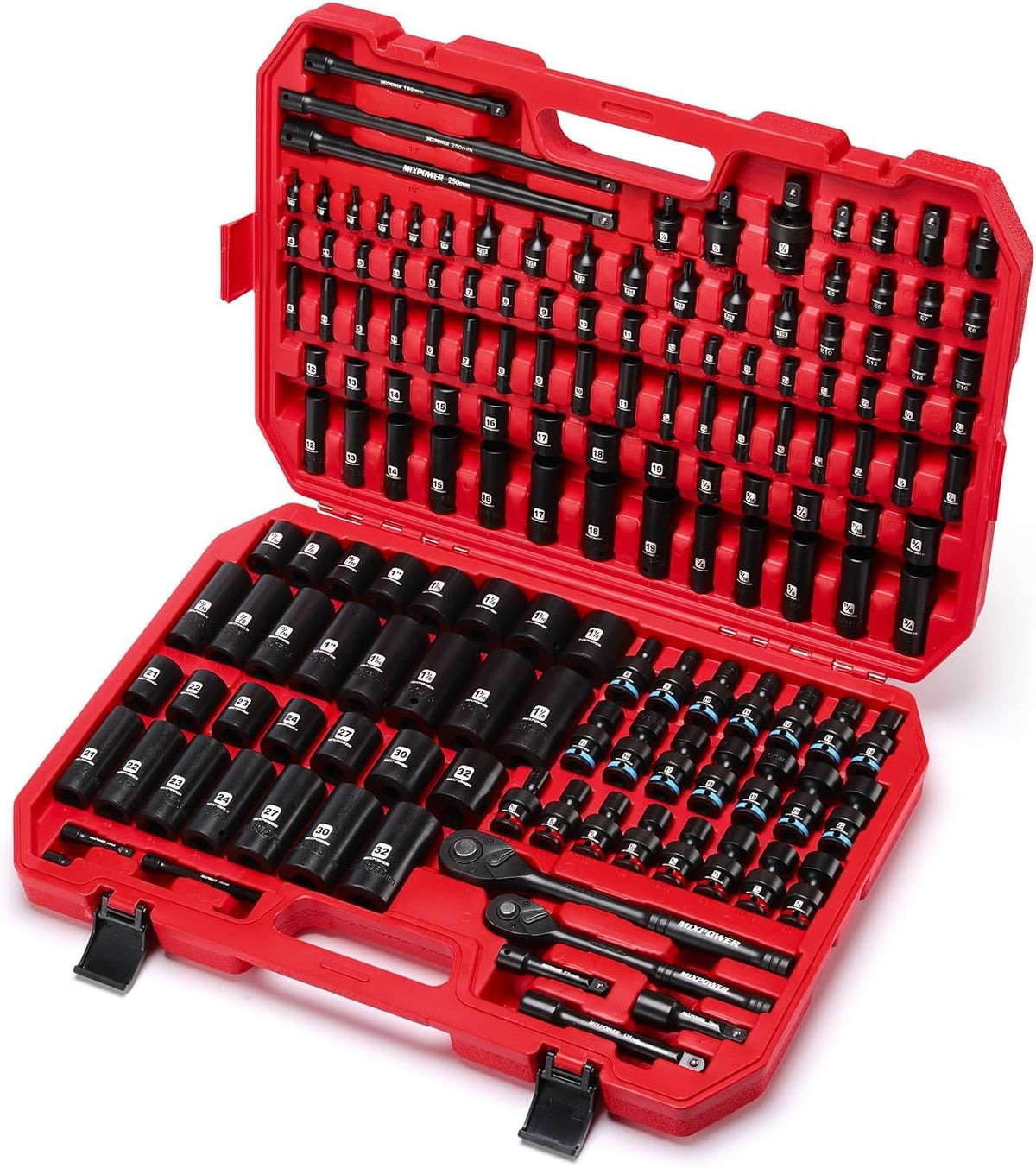MIXPOWER 153 Pieces 1/4'&3/8'&1/2' Drive Mechanic Tool Set,Metric/SAE,6-Point,Deep and Shallow Sockets,Impact Universal Joint Swivel Sockets,Impact Socket Extension Bar