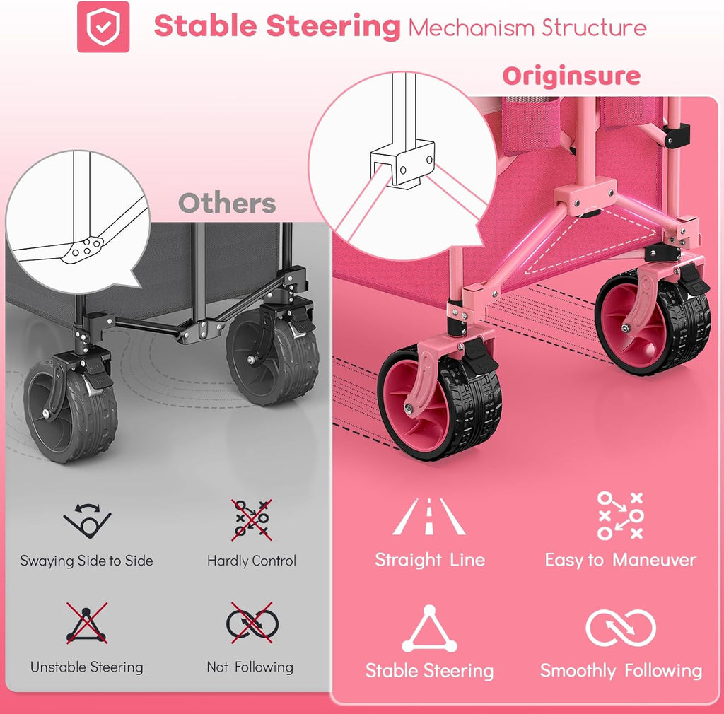 Originsure 48' L Collapsible Wagon Cart Foldable, 560lbs Weight Capacity 300L Heavy Duty Folding Beach Wagons with Big All-Terrain Wheels, Utility Carts for Groceries, Camping, Sports - Pink