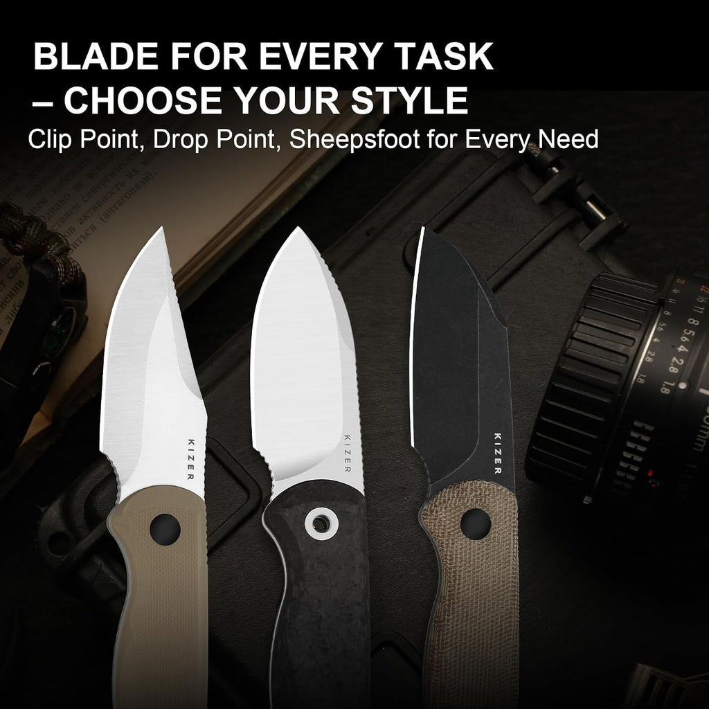 Kizer Drop Bear Fixed Blade Knife, 2.57' M390 Satin Blade EDC Camping Knife with Black Carbon Fiber Handle & Built-in Tools, Outdoor Small Hunting Survival Knives with Kydex Sheath, 1094A3