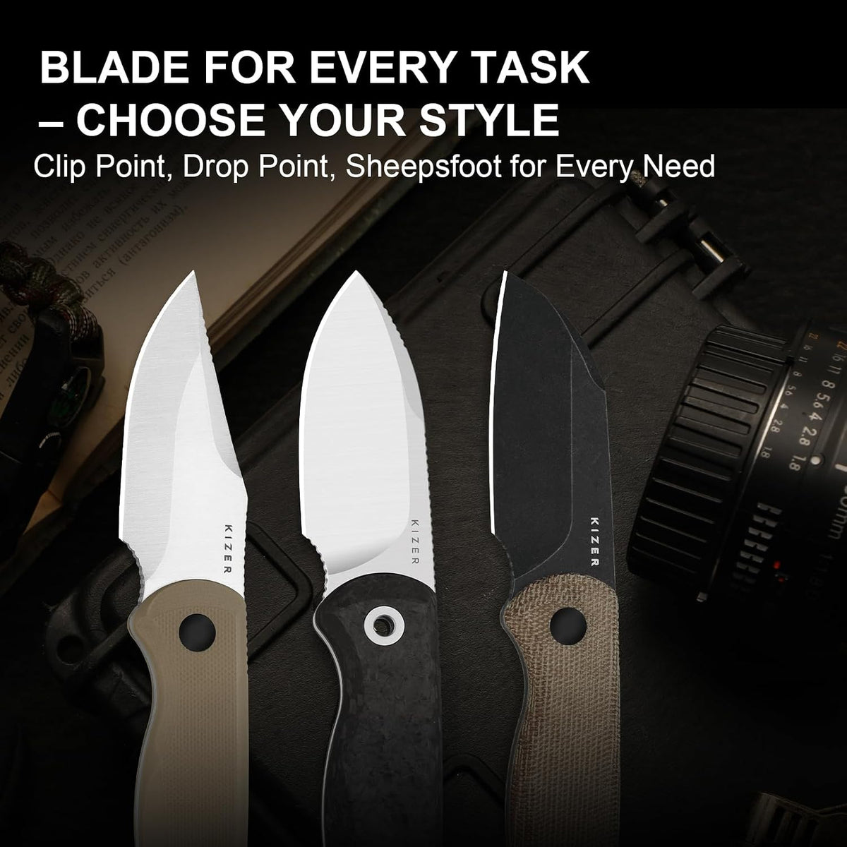 Kizer Drop Bear Fixed Blade Knife, 2.57' M390 Satin Blade EDC Camping Knife with Black Carbon Fiber Handle & Built-in Tools, Outdoor Small Hunting Survival Knives with Kydex Sheath, 1094A3