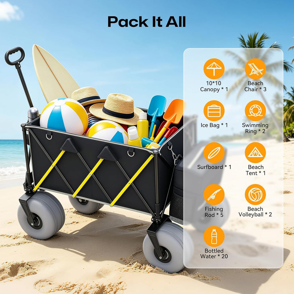 Premium 10.5' Balloon Wheels Beach Wagon - 450LBS Heavy Duty Sand Wagon, Foldable All Terrain Collapsible Utility Wagon with Removable Cooler Bag, Easy Roll for Soft Sand Family Camping-Black