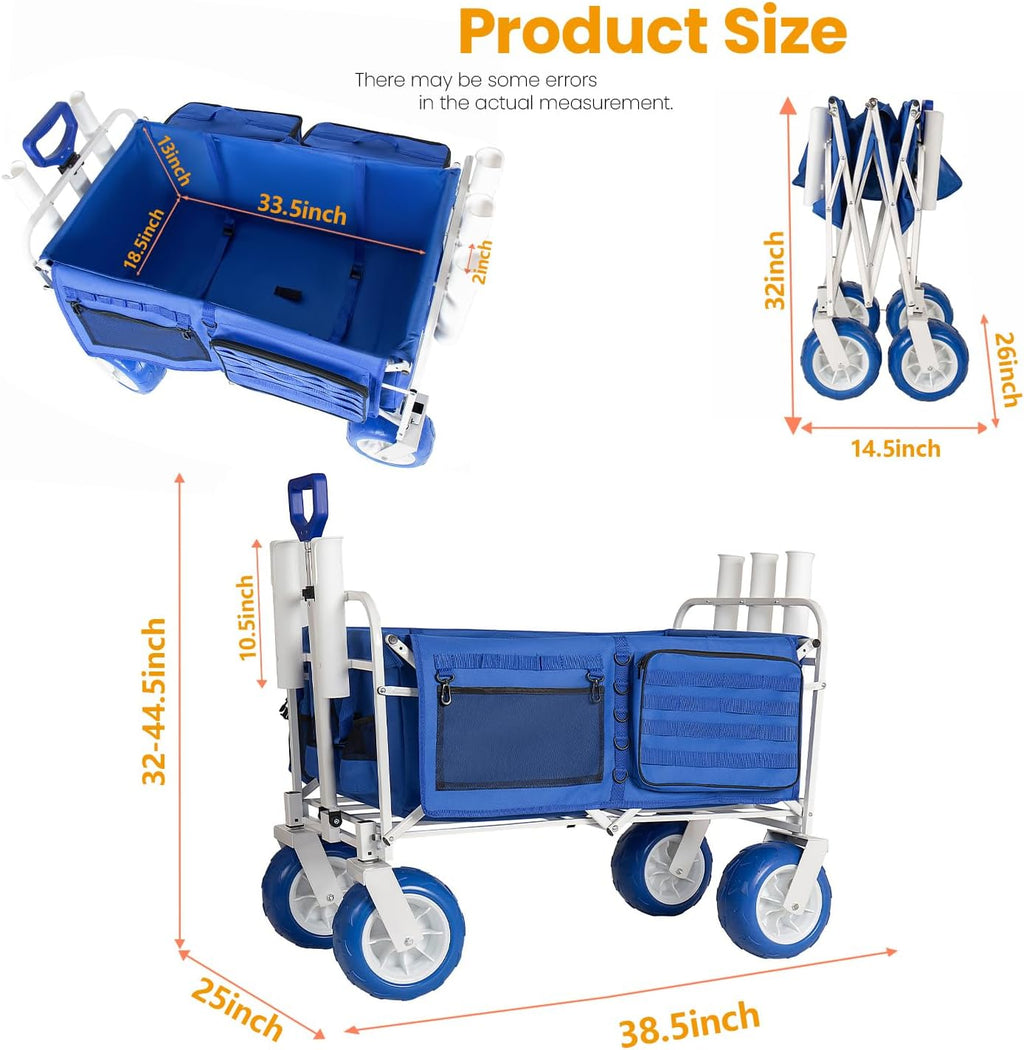 Beach Fishing Wagon Cart with All-Terrain Big Wheels, 500lbs Load Heavy Duty Wagons Carts Foldable with Removable Cooler & Storage Bags for Sand Shopping Garden Sports Camping Outdoor (Blue1)