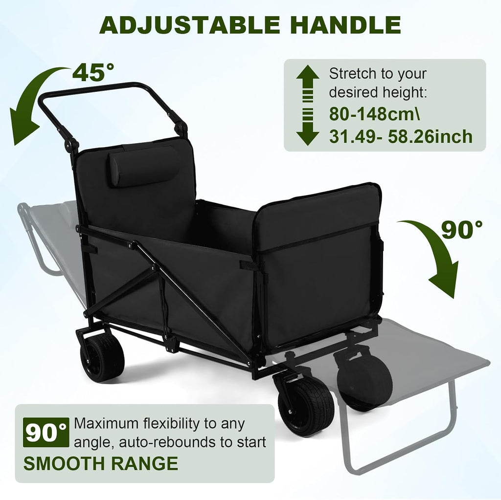 Collapsible Wagon 440lbs Capacity 2-in-1 Folding Chair Cart with All-Terrain Wheels for Shopping Beach Camping Sports Garden (Black)