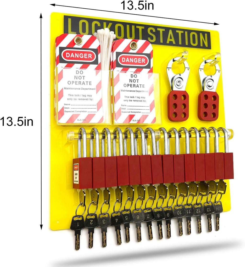 SAFBY Lockout Tagout Station Board Metal Kit with Lock Out Tag Out Loto 2 Hasps, 30 Tags, 30 Nylon Cable, 14 Locks with Number 1-14 (Yellow Lockout Station)