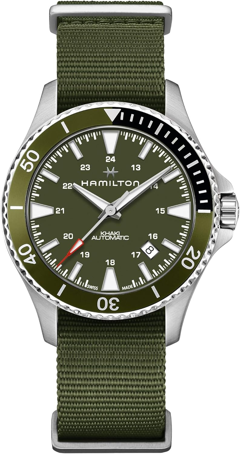 Hamilton Khaki Navy Automatic Men's Watch, 40mm Stainless Steel Case, Swiss Made, Green Dial Analog Wrist Watch for Men, 100m Waterproof, Sapphire Crystal, 3-Hand Movement, Textile Strap