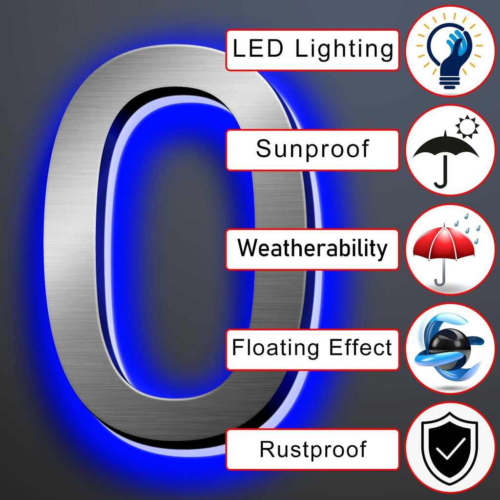 Illuminated Address Number 20 Inch, Backlit Illuminated LED House Number Enhanced Visibility, Modern Stainless Steel Lighted Address Signs, Brushed Silver, Blue Light,0