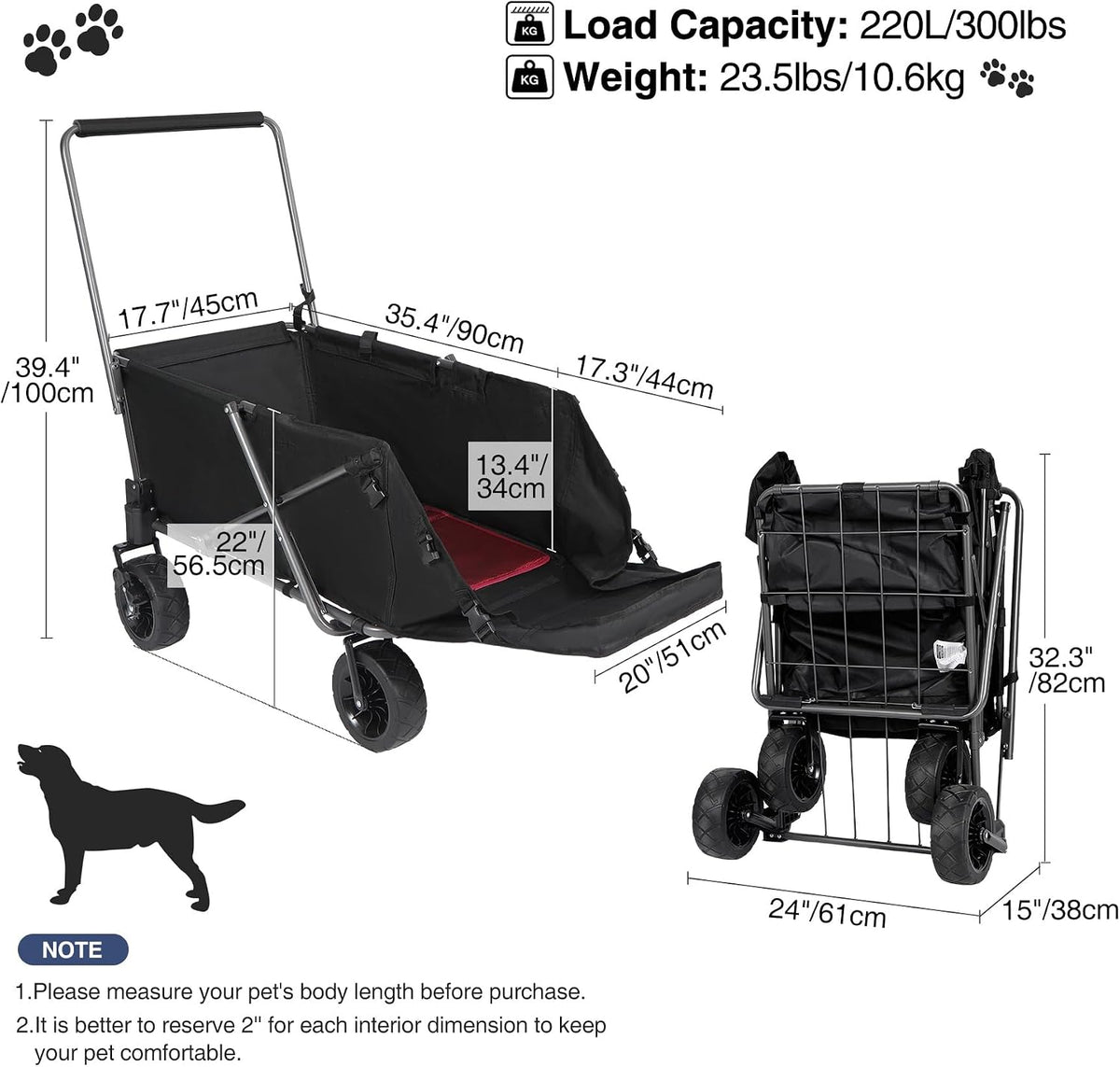 REDCAMP Collapsible Beach Wagon Dog Stroller with Tailgate, 330lbs Heavy Duty Folding Utility Beach Cart with All-Terrain Wheels for Sand Camping Sports Shopping, Black