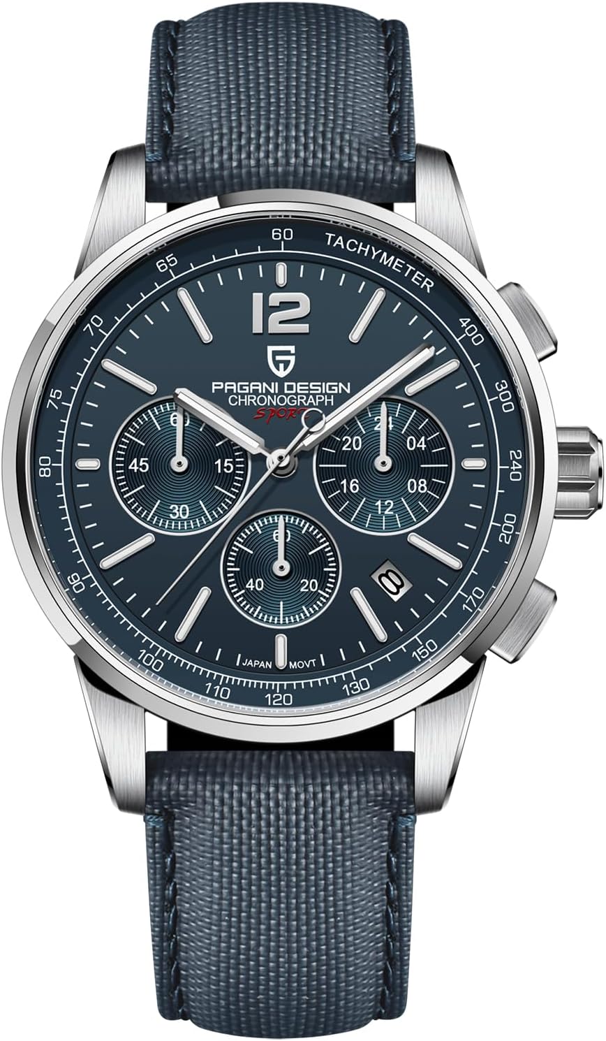 Pagani Design Men's Watch, Quartz Chronograph, 100M Water Resistant Stainless Steel Case, 40mm Dial Diameter, Sapphire Glass, Nylon Strap, Sporty Casual