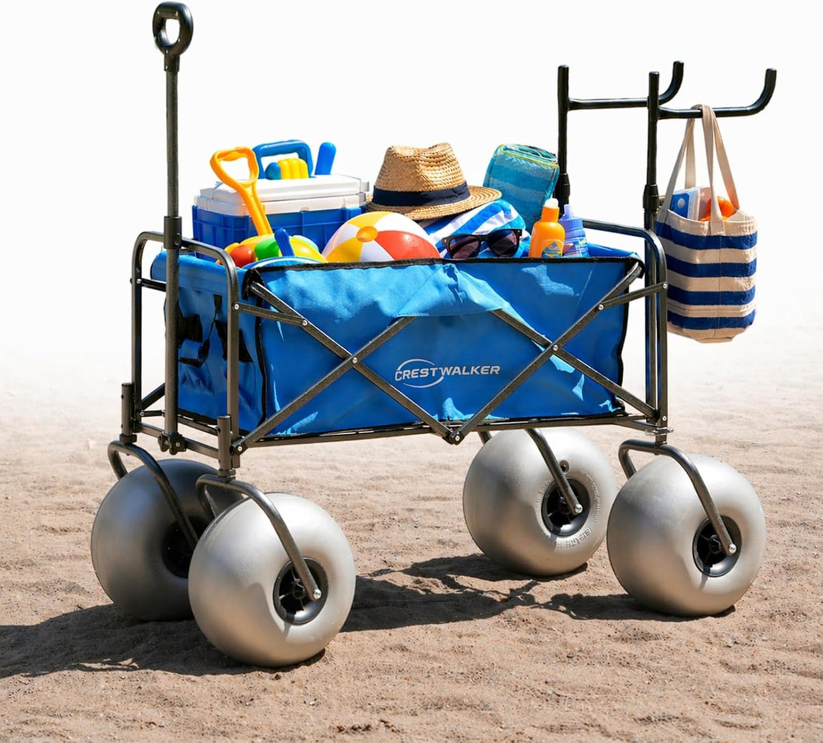 Beach Wagon with Balloon Wheels and Chair Racks, Collapsible Cart with Big Wheels for Sand, Heavy Duty 300 lbs Capacity, Folds Thin with Quick-Release Forks (13'' Wheel)