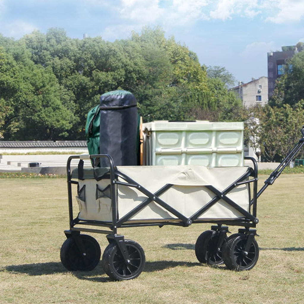 Bgarden Carts,Beige Collapsible Wagon,Sports Outdoor Utility Wagon Folding Garden Wagon Sports Steel Frame Foldable Yard Car Camping Cart with Side Pockets Off-Road Wheels