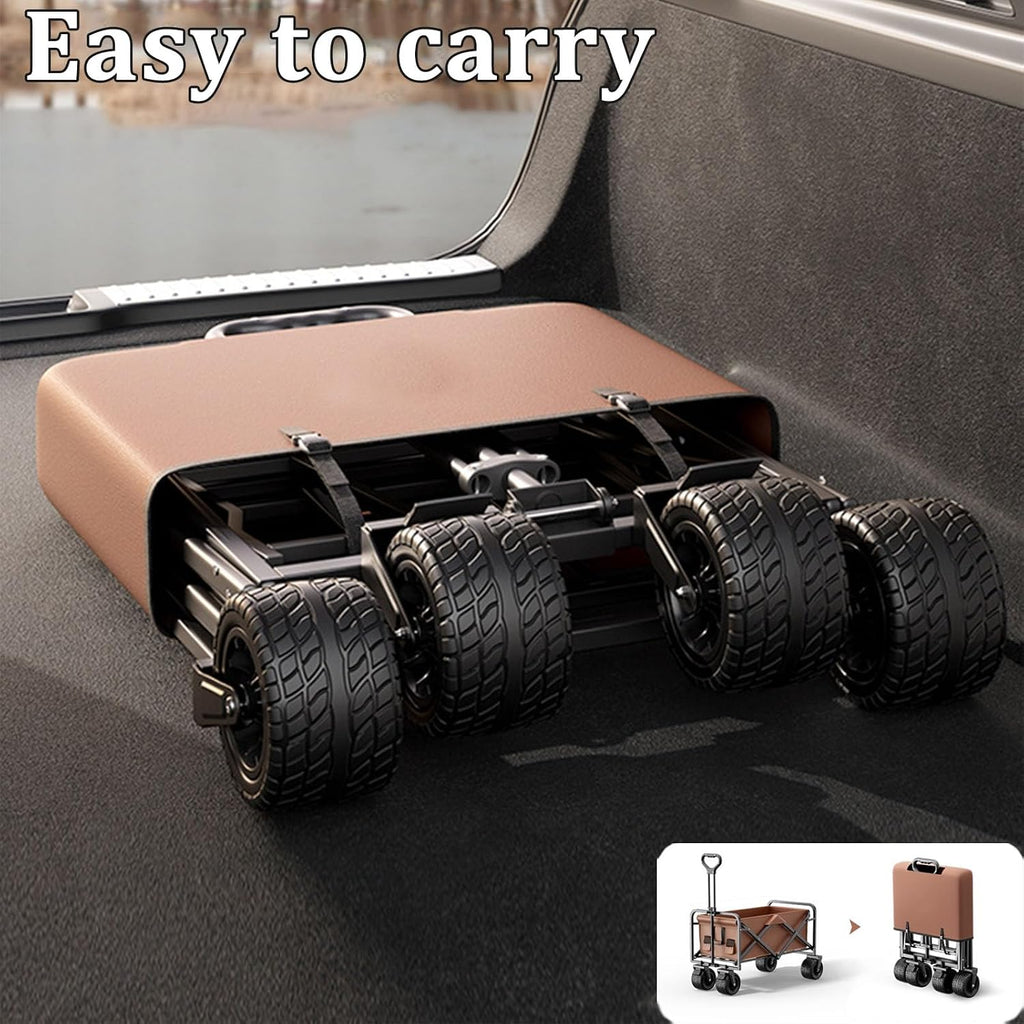 Coffee Color Garden Carts,Collapsible Wagon,Sports Outdoor Utility Wagon Folding Garden Wagon Sports Steel Frame Foldable Yard Car Side Pockets Camping Cart Off-Road Wheels with Brakes