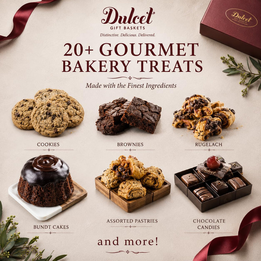 Dulcet Gourmet Snack & Dessert Gift Basket Deluxe Edition – Fresh Baked Assorted Pastries, Cookies, Brownies & Belgium Chocolates - Beautifully Packaged Bakery Assortment for All Gifting Occassions