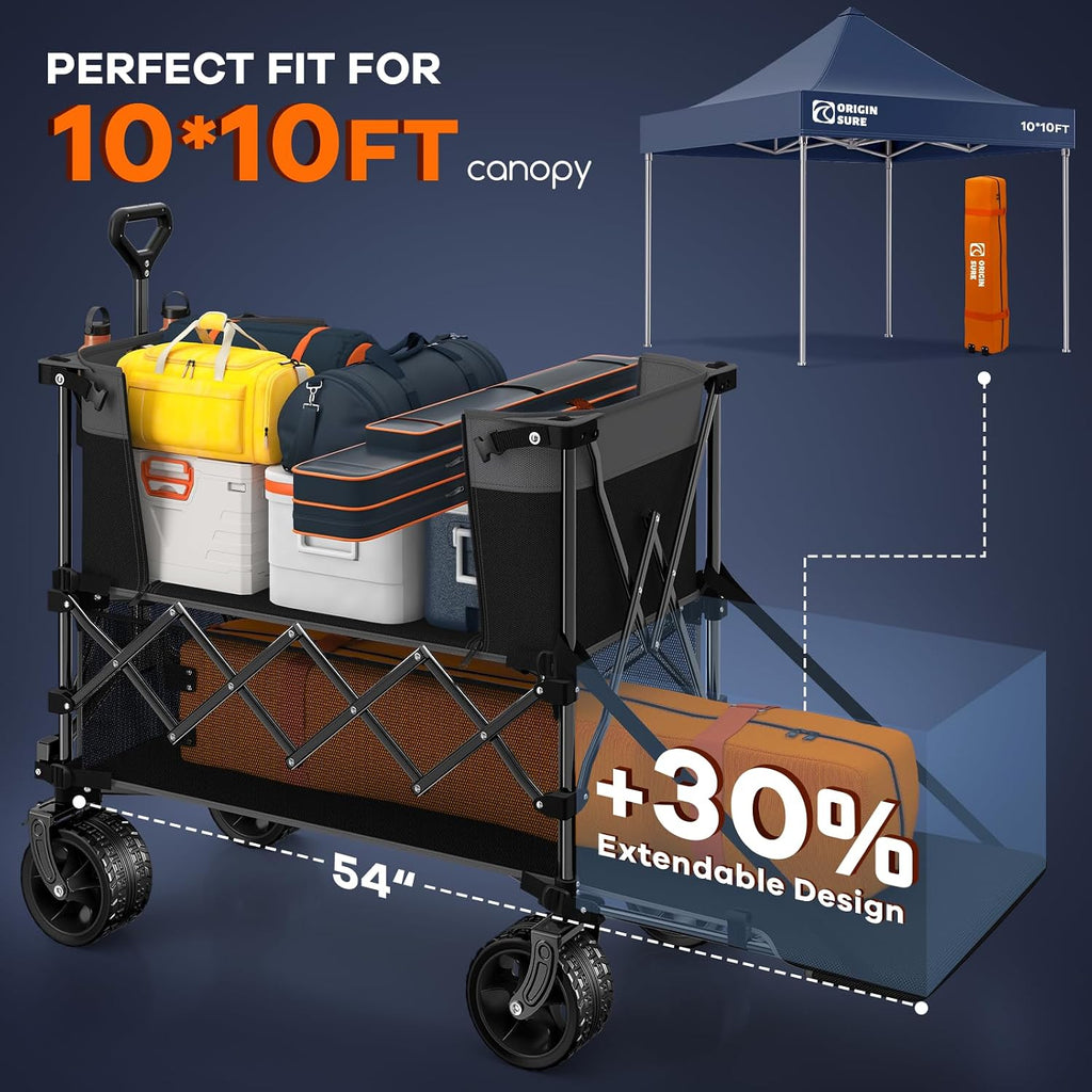 Originsure 400L Double Decker Wagon Collapsible with 54' L Tailgate, 560lbs Heavy Duty Carts Foldable, Extra Large Folding Beach Wagon with Big All-Terrain Wheels for Camping, Sports, Grey&Black