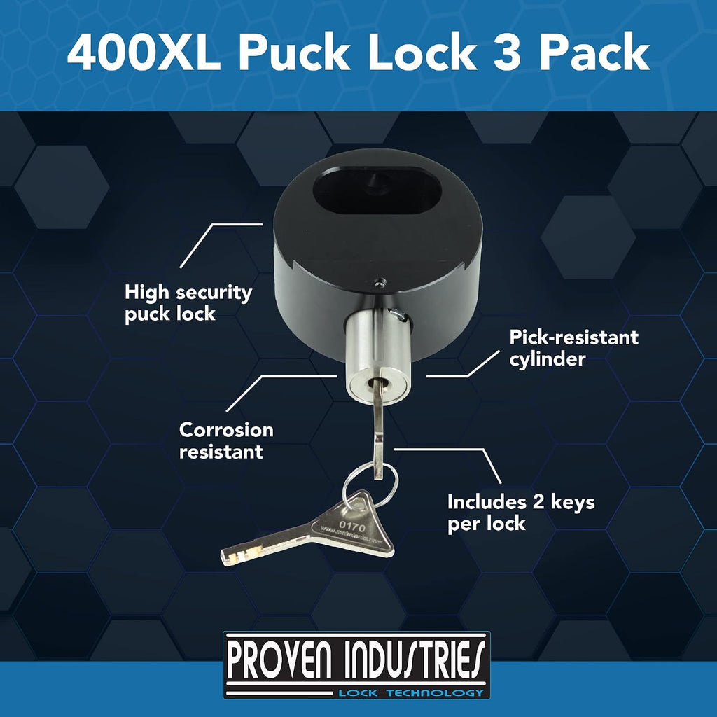 Proven Industries Puck Lock Set, Model 400XL, 3-Pack, Hidden Shackle, Keyed Alike, 6061 Solid Aluminum, Shackle Opening 1 3/4 x 1 3/4 x 7/8 in, Depth 1 1/4 in, Made in USA, Black
