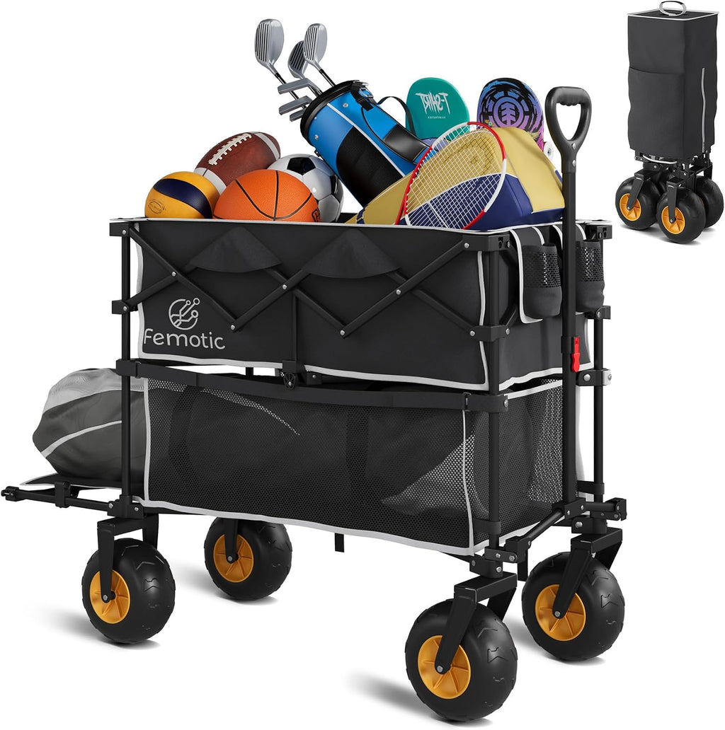 Beach Wagon with Big Wheels for Sand,Heavy Duty Double Decker Wagon with Extender,400L Extra Large Foldable Wagon Cart with 9' All Terrain Inflatable Tires,for Beach Camping Garden and Sports, Black