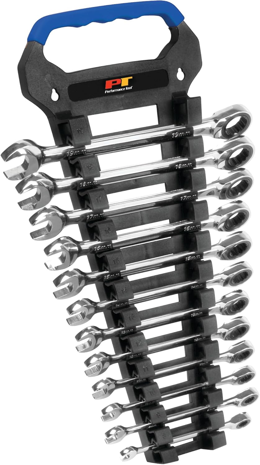 Performance Tool W30642 12pc Metric Combo Ratcheting Wrench Set | Premium Drop Forged Chrome Vanadium Steel | Oil & Corrosion Resistant | Sizes: 8, 9, 10, 11, 12, 13, 14, 15, 16, 17, 18 & 19mm , Black