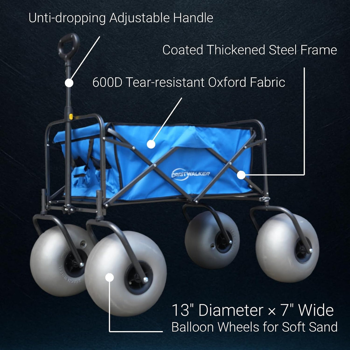 Beach Wagon with Balloon Wheels and Chair Racks, Collapsible Cart with Big Wheels for Sand, Heavy Duty 300 lbs Capacity, Folds Thin with Quick-Release Forks (13'' Wheel)