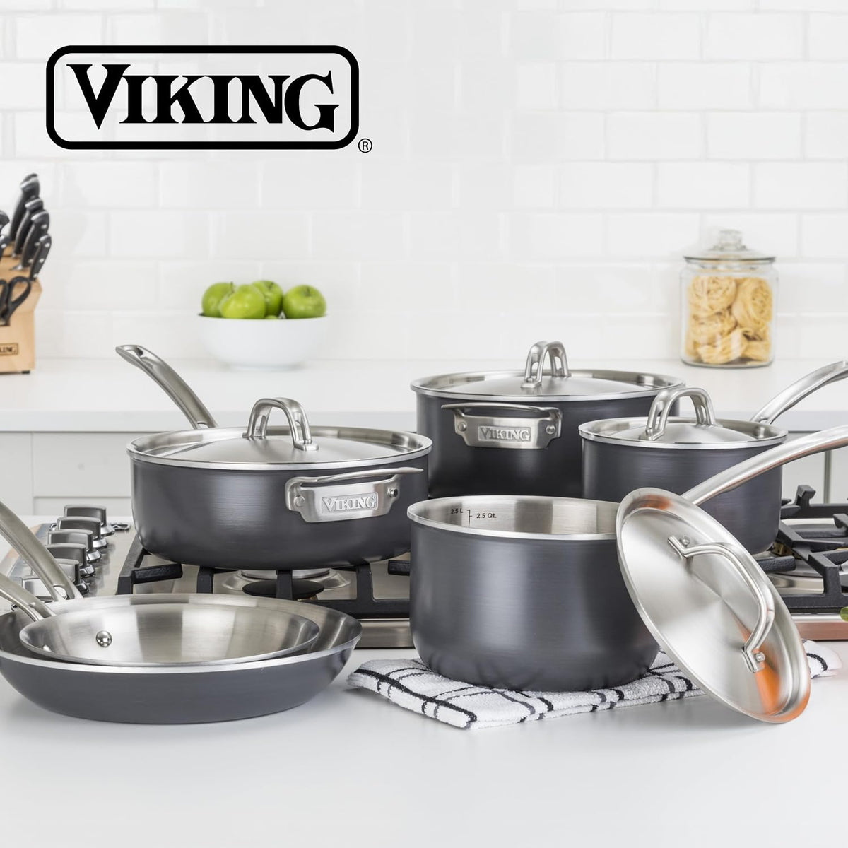 Viking 5-Ply Pots and Pans Set, 10 Piece Hard Anodized Cookware, Stainless Steel Lids, Silver