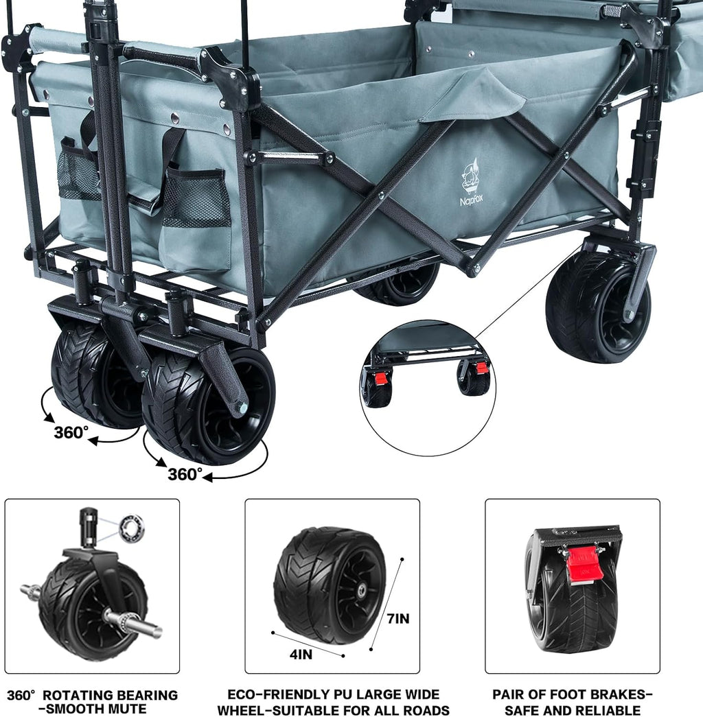 Collapsible Wagon Heavy Duty Folding Wagon Cart with Removable Canopy, 4' Wide Large All Terrain Wheels, Brake, Adjustable Handles,Cooler Bag Utility Carts for Outdoor Garden Wagons Carts Beach Cart