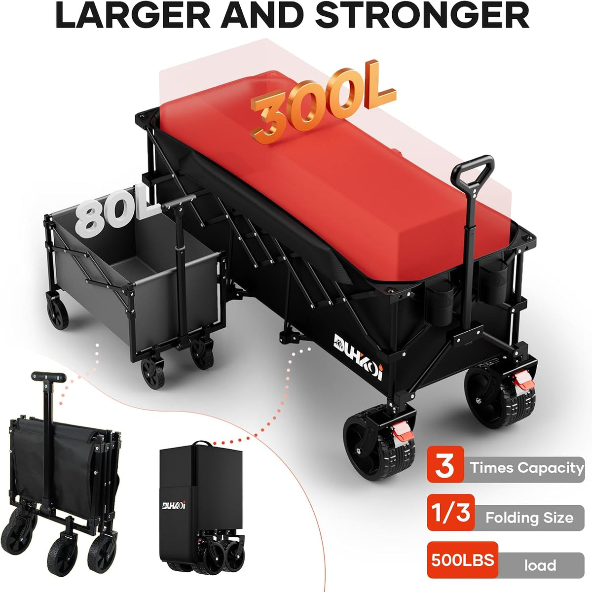 49' L Collapsible Extended Wagon with 500lbs Weight Capacity,300L Heavy Duty Sports Wagon,Big All-Terrian Wheels with Cup Holders,Cart for Sports,Grocery,Shopping