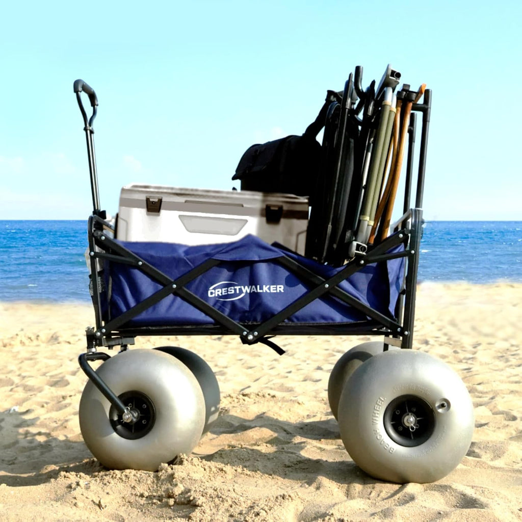 Beach Wagon with Balloon Wheels and Chair Racks, Collapsible Cart with Big Wheels for Sand, Heavy Duty 300 lbs Capacity, Folds Thin with Quick-Release Forks (13'' Wheel)