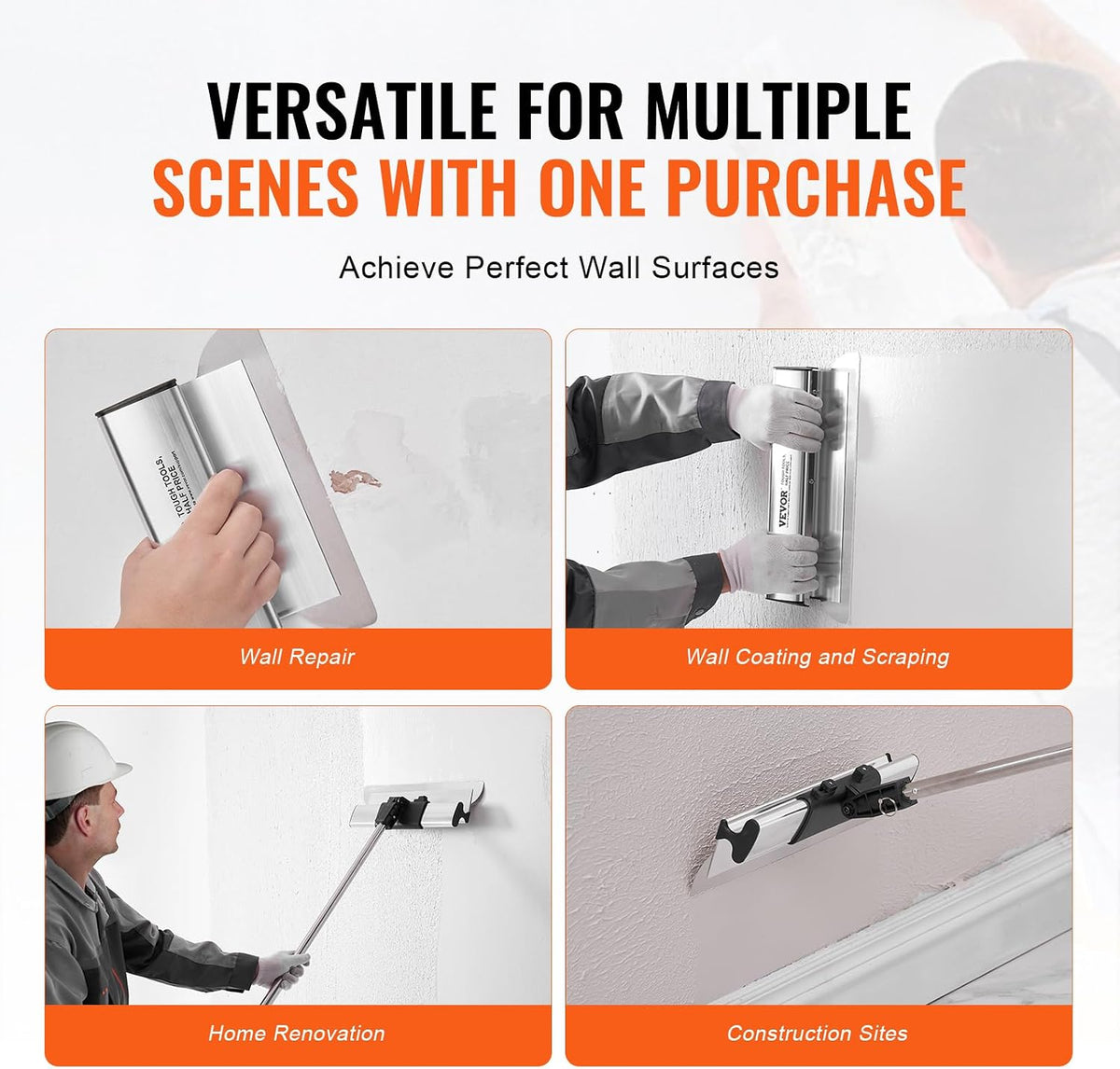 VEVOR Drywall Skimming Blade Set, 7/10/14/16/24 in Skimming Blades + 34-81.6 in Extension Handle Pole, Stainless Steel Knife Professional Skim Coat Tools, for Gyprock/WallBoard/Plasterboard