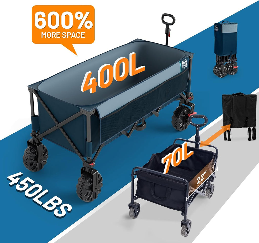 Timber Ridge 51.2' Extended Collapsible Wagon - Heavy-Duty Utility Cart with All-Terrain Wheels, Brakes & Cargo Net, 400L Capacity for Camping, Sports & Shopping, Blue
