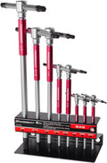 Powerbuilt 8 Pc SAE T-Handle Hex Allen Key Wrench Set w/ Speed Sleeves for Fast Spinning Action, Sliding Top Handle for 'T' or 'L' Shape, Long Shafts, Storage Rack, Auto, Bicycle, Moto - 941644 , Red