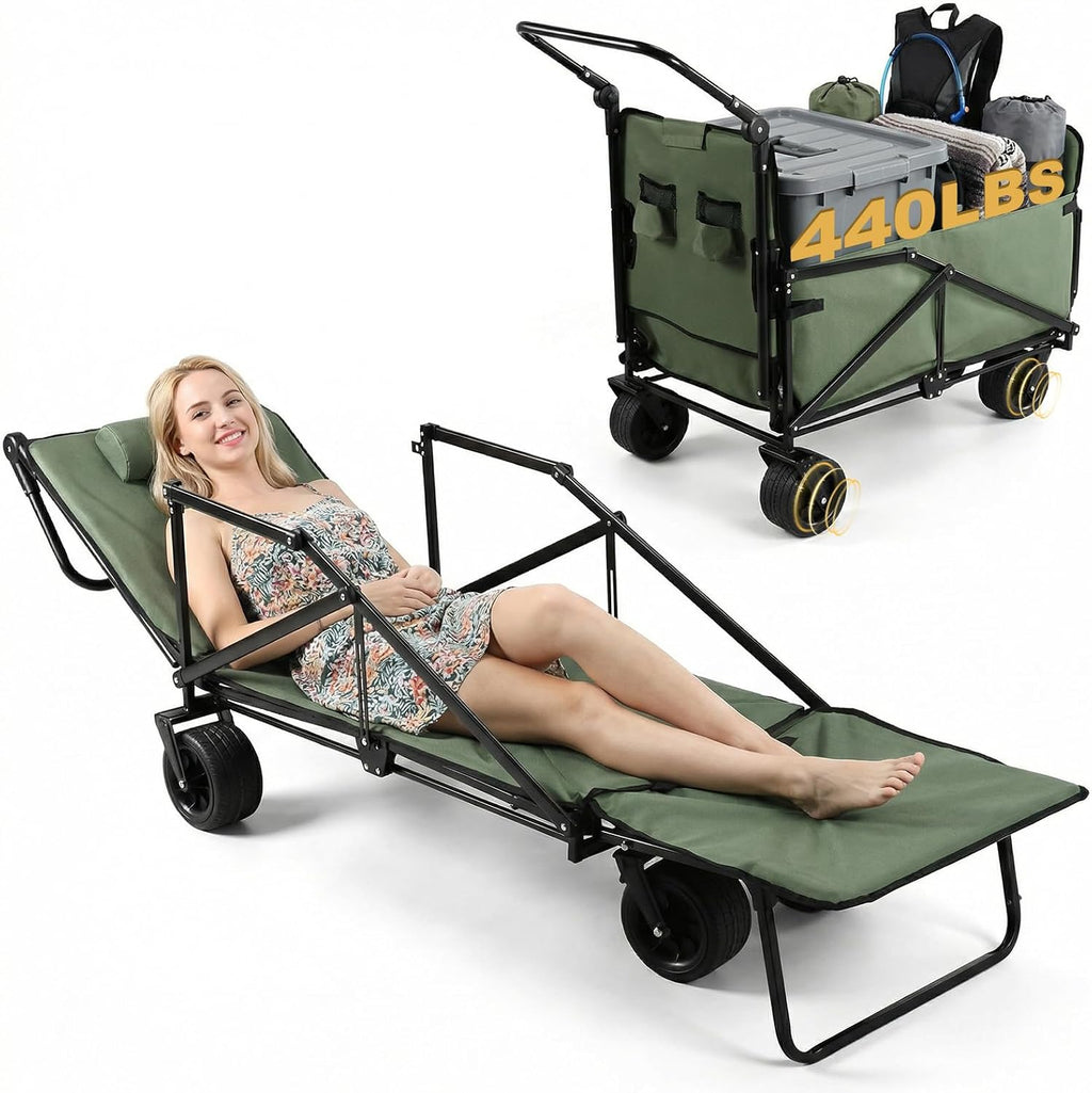 2-in-1 Wagons Carts Foldable Collapsible Wagon 440lbs Capacity Folding Chair Cart with All-Terrain Wheels for Sports Garden Camping