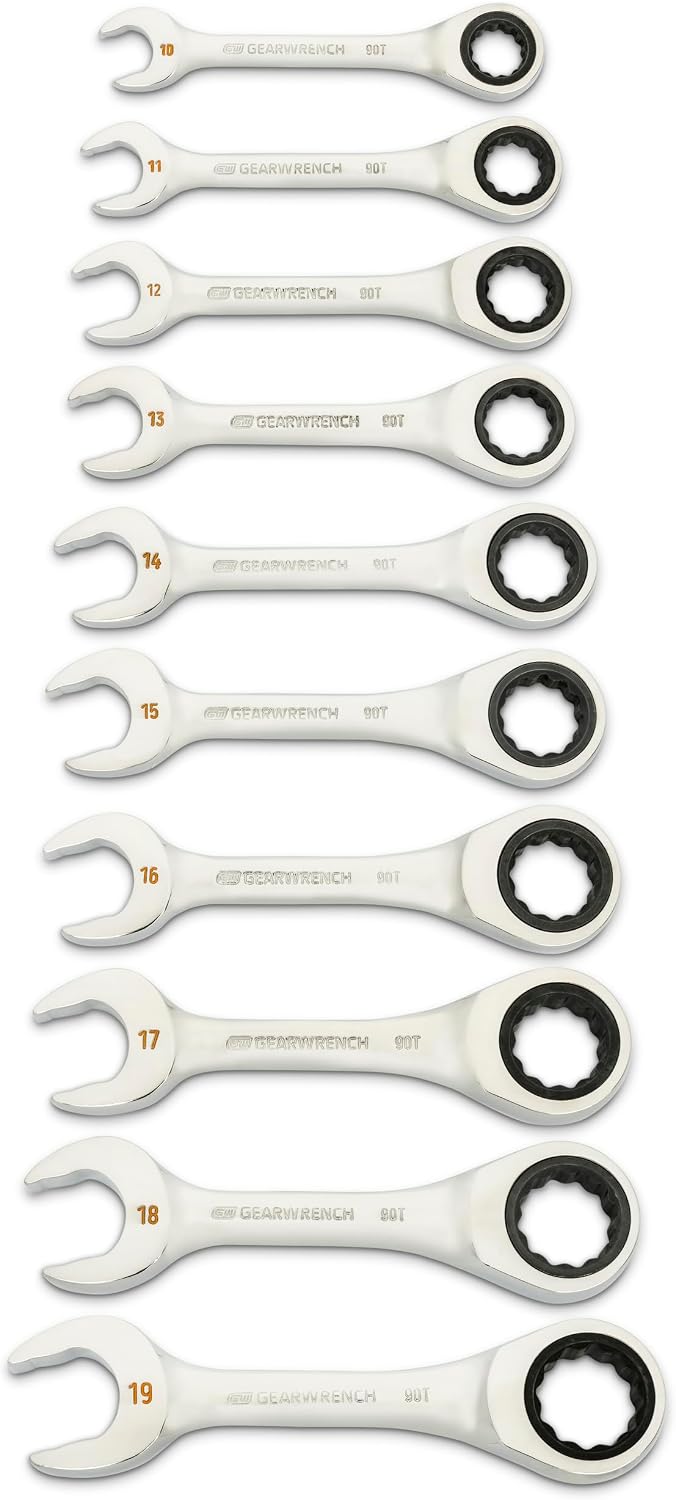 GEARWRENCH 10 Piece 90-Tooth 12 Point Stubby Combination Ratcheting Wrench, MM | 86850