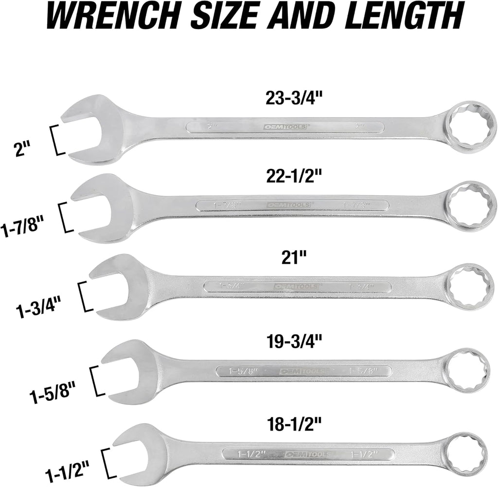 OEMTOOLS 22101 5 Piece SAE Jumbo Combination Wrench Set, Large Combination Wrench Set, SAE Sizes