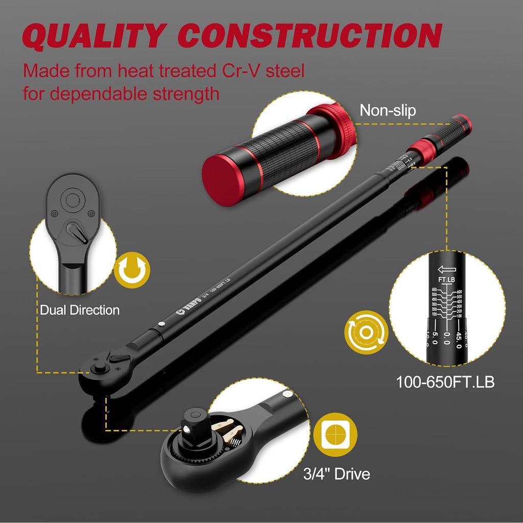 VANPO 3/4-inch Drive Click Torque Wrench, 100-650Ft-Lb/135.5-880.8Nm, Industrial Adjustable Torque Wrench Set with a Hex Key for Oil Rigs, Trucks & Off-Road Equipment