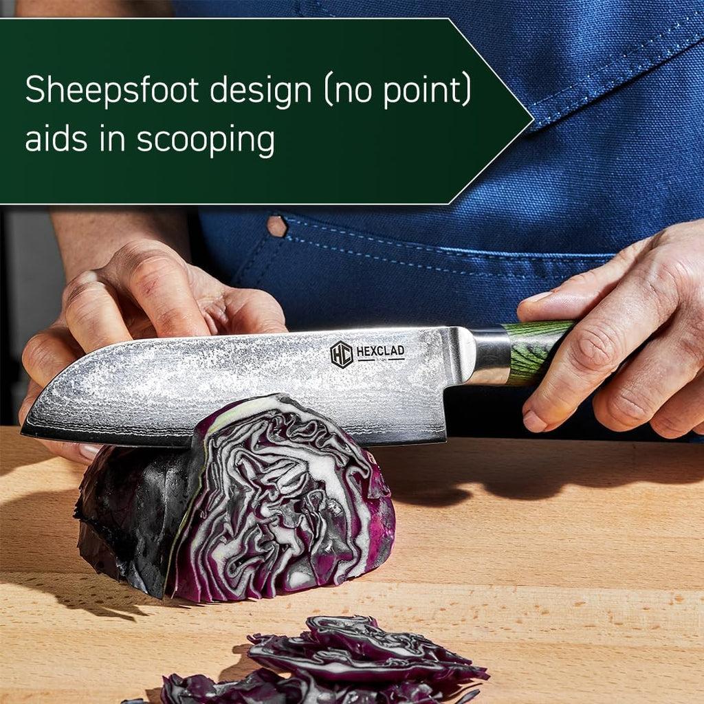 HexClad 7 Inch Japanese Damascus Stainless Steel Santoku Knife, Full Tang Construction, Pakkawood Handle