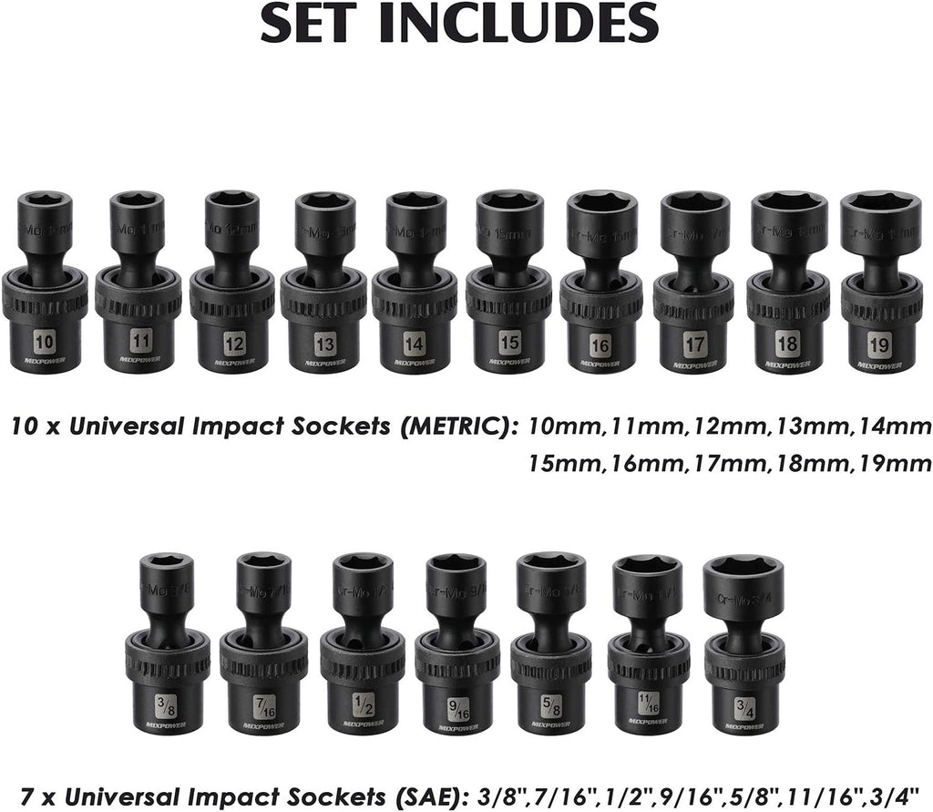 MIXPOWER 3/8'' Drive Master Impact Socket Set, 87-Piece Deep & Standard SAE and Metric,CR-MO, 1/4-Inch to 3/4-Inch and 6-19 mm, Impact Universal Sockets, Inverted Star Sockets, Extension Bar & Adapter