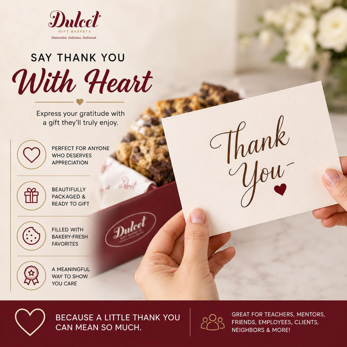 Dulcet Thank You & Congratulations Gift Basket – Gourmet Food Gift Basket with Fresh Brownies, Cookies & Pastries – Appreciation Gifts for Teachers, Students, Employees, Co-Workers, Friends & Family